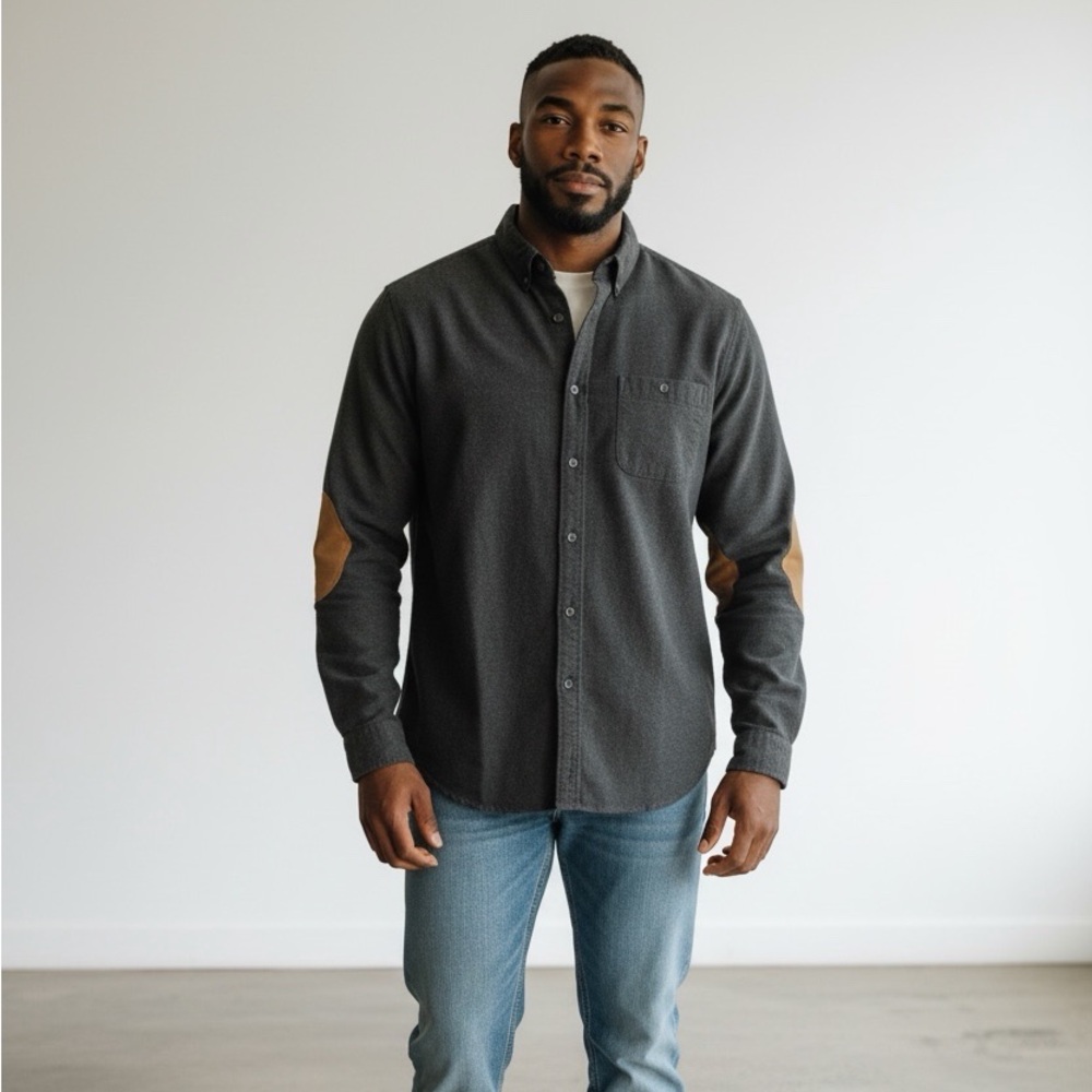 J. Crew 100% Cotton Gray Flannel Work-shirt with Faux Leather Elbow Patches